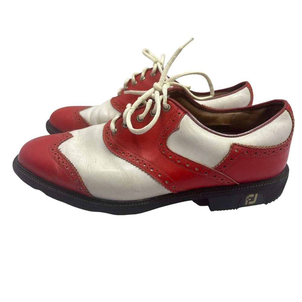 FootJoy Icon‎ Golf Shoes Mens 8.5 Red White Wingtip Leather Spiked Cleats FJ